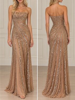 Sherri Hill Strapless Sequin Evening Gown in Tan with Silver Accents